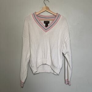 Women's Size L Vintage Eddie Bauer V-Neck Pink and Blue Cable Knit Sweater